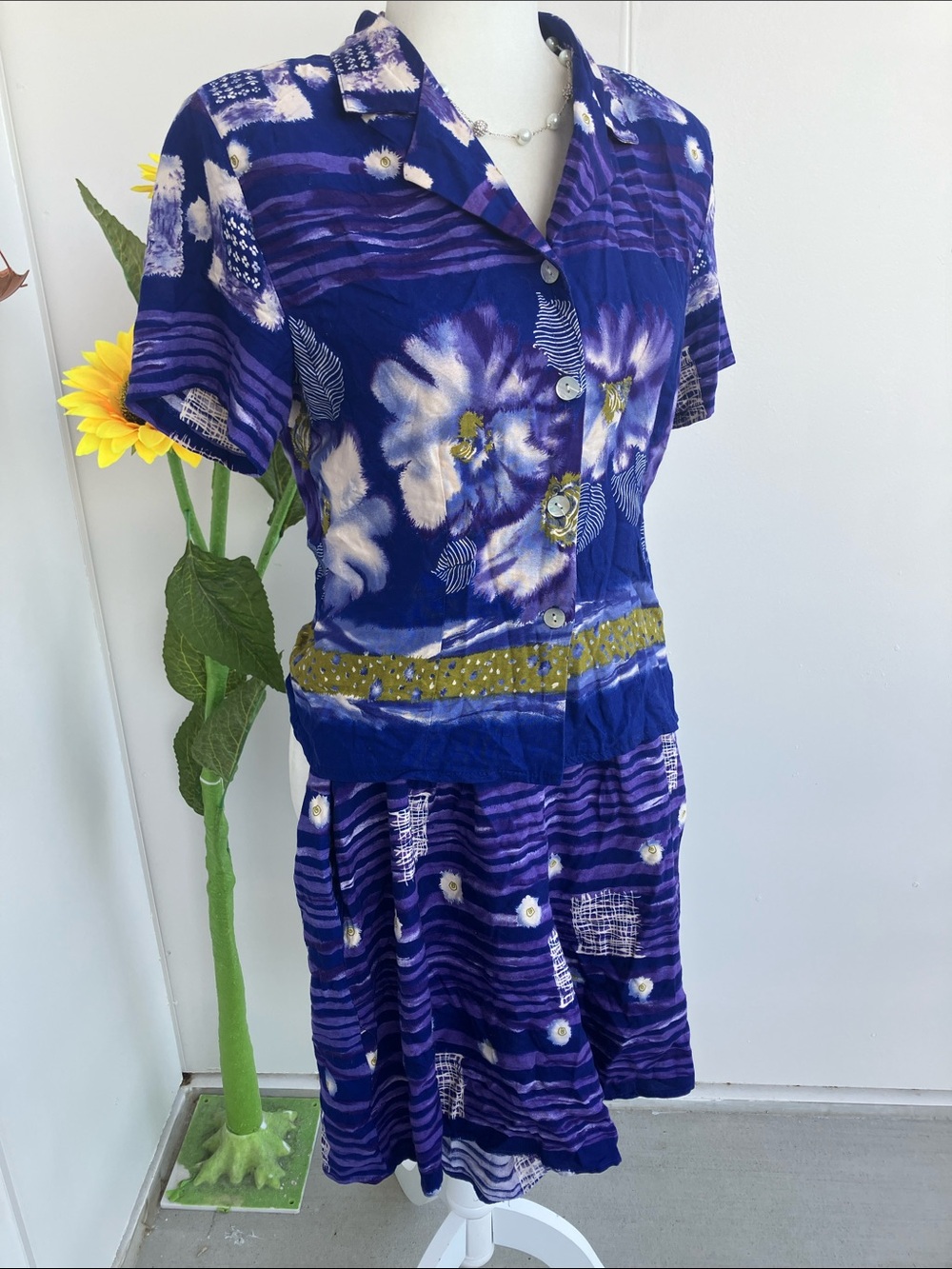 Vintage 80s 90s Purple Watercolor Floral Two Piece Button Up Shirt & Shorts Set